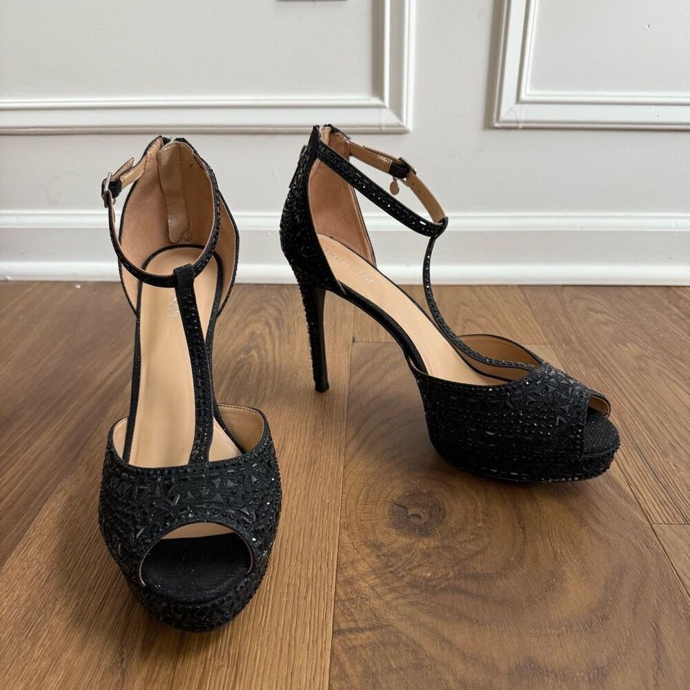 NWOB Thalia Sodi Chace Black T-Strap Embellished Platform Stiletto Heels 12 Wide